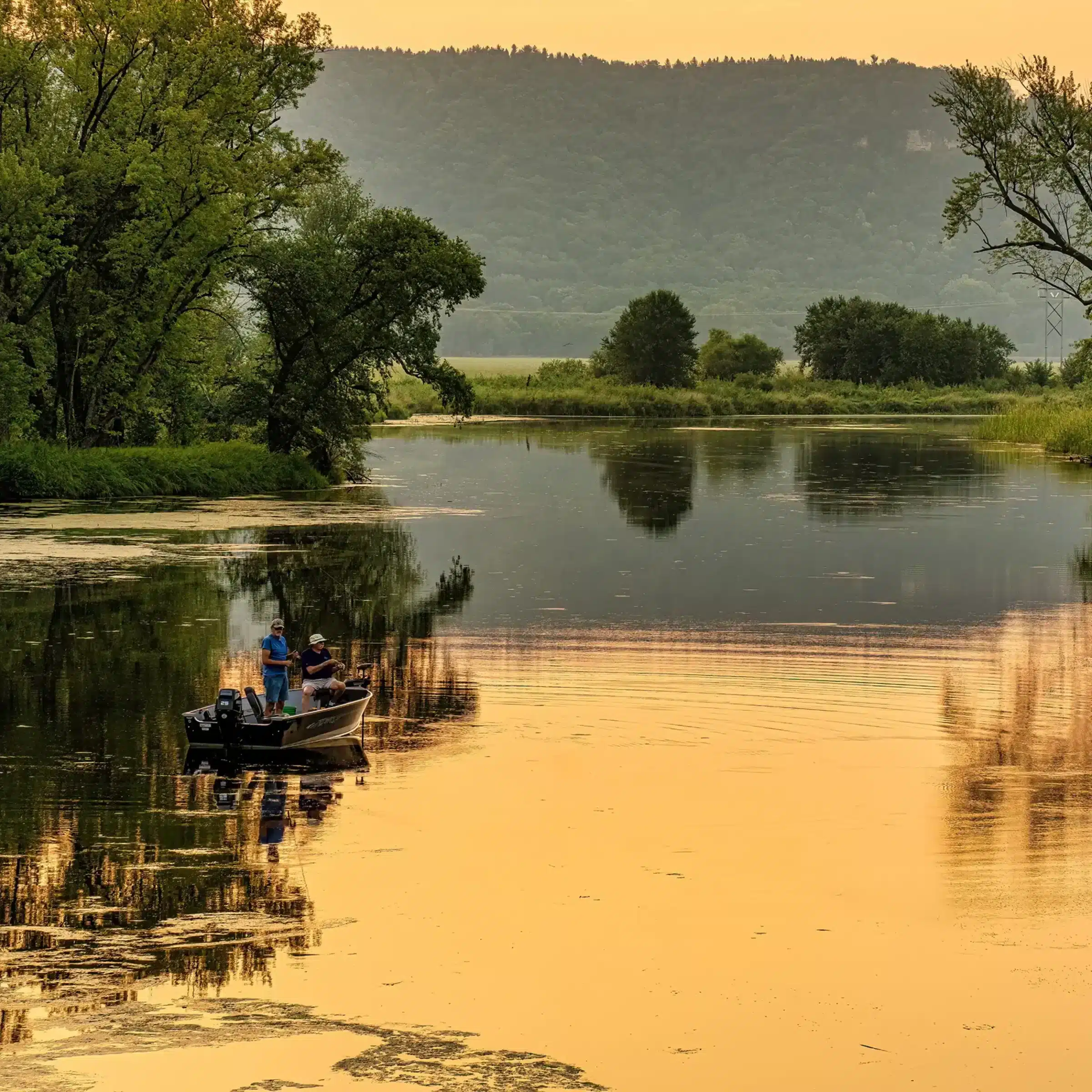 Two people fish from a small boat on a calm, golden-hued river at sunset near Green Bay, surrounded by trees and distant hills.